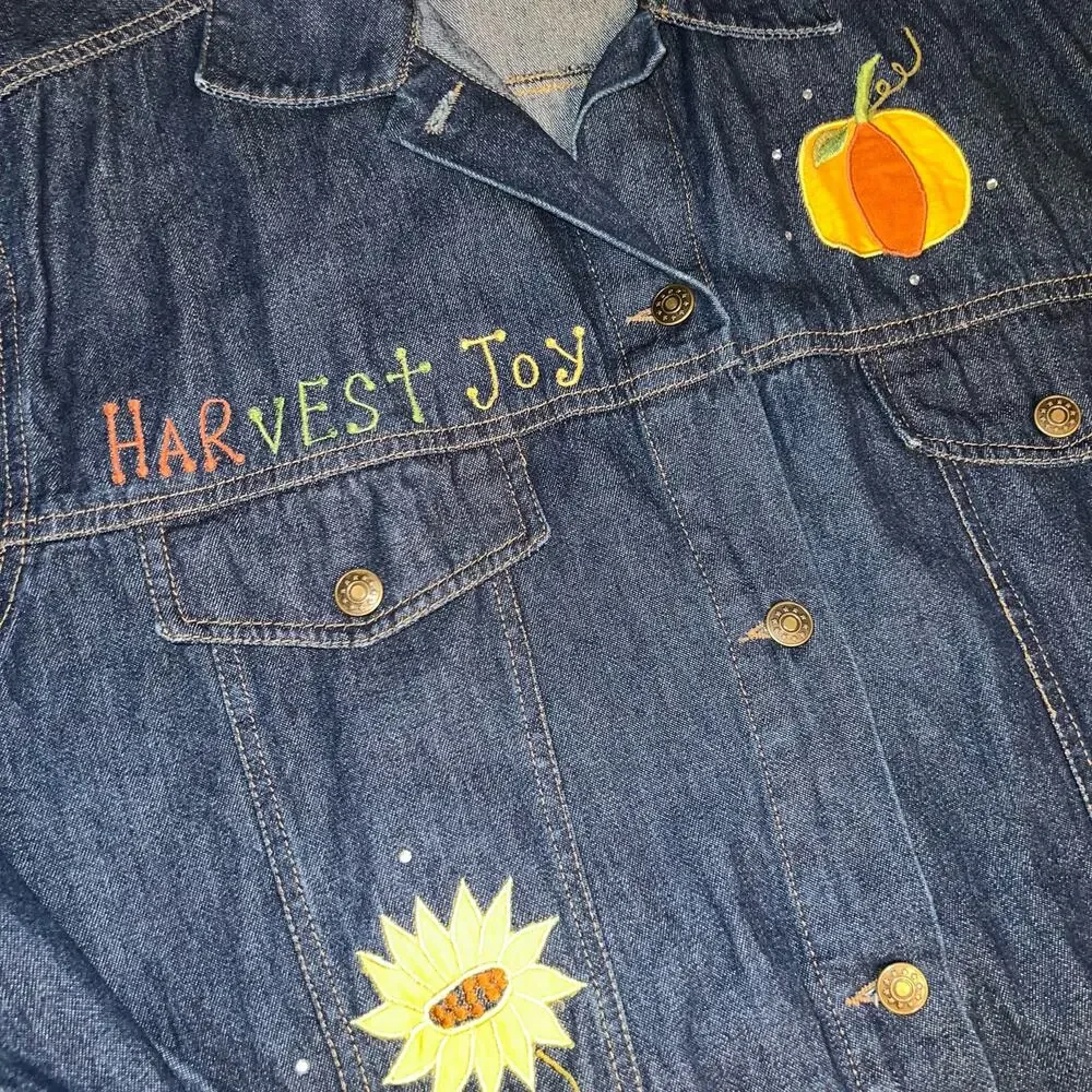 Quacker Factory Fall Harvest Joy scarecrow embroidered denim jacket size large